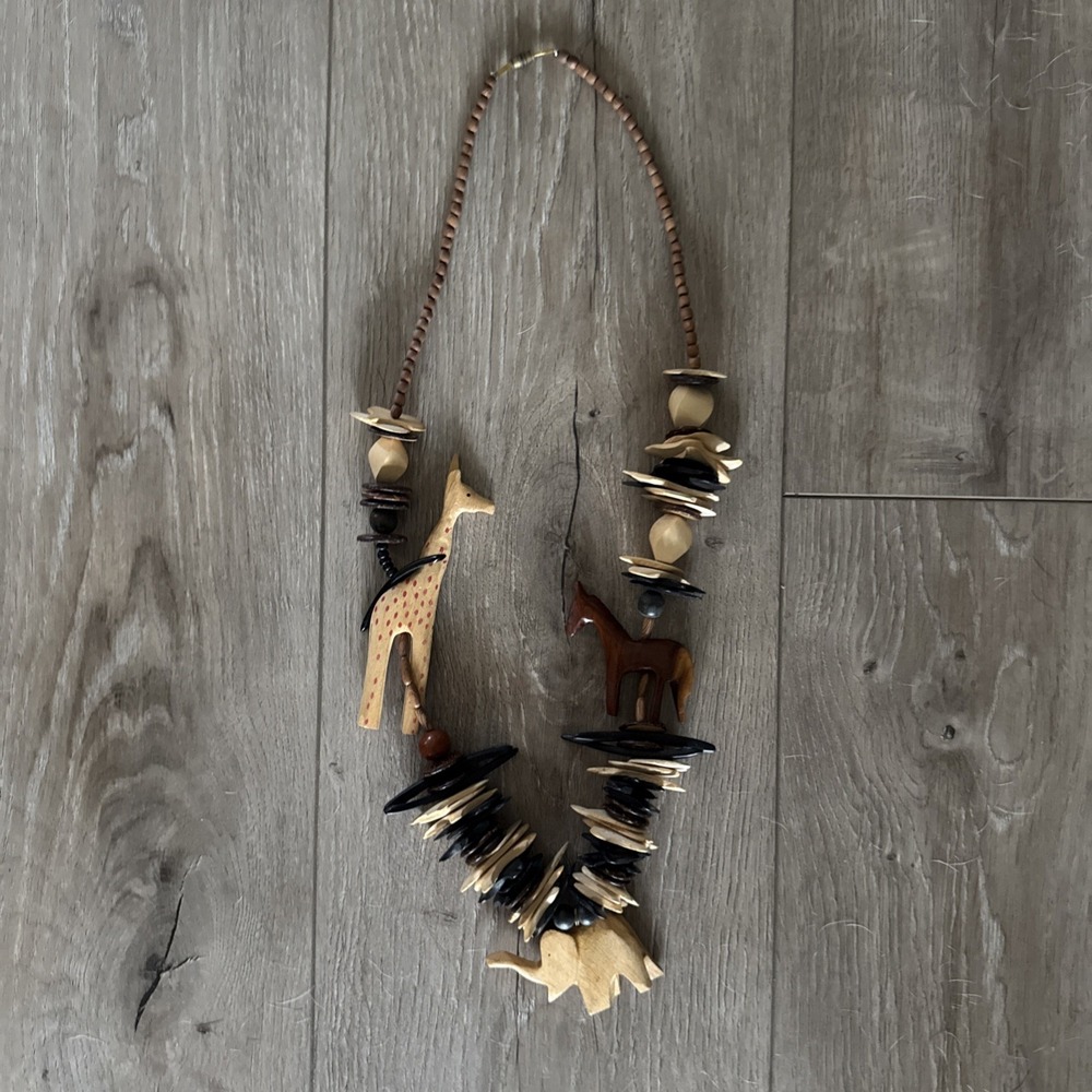 Wooden Bead Safari Necklace Carved Antelope Native Tribal Souvenir 30" Statement